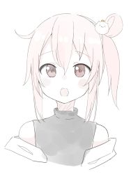 Rule 34 | 1girl, bare shoulders, black shirt, blush stickers, brown eyes, commentary request, copyright request, cropped torso, hair between eyes, hair rings, highres, indie virtual youtuber, looking at viewer, okota mikan, open mouth, pink hair, shirt, side ponytail, simple background, sleeveless, sleeveless shirt, solo, upper body, virtual youtuber, white background