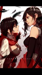 Rule 34 | 2girls, alternate universe, black hair, blurry, breasts, cape, cleavage, corset, crossover, depth of field, dishwasher1910, dual persona, english text, feathers, height difference, jewelry, letterboxed, long hair, looking at another, motion blur, multicolored hair, multiple girls, necklace, ponytail, red hair, ruby rose, rwby, streaked hair, very long hair