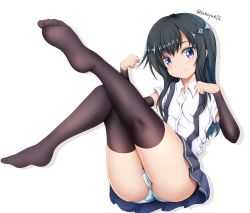 Rule 34 | 1girl, arm warmers, asashio (kancolle), black hair, black skirt, black thighhighs, blue eyes, blue panties, cameltoe, closed mouth, collared shirt, commentary request, dress shirt, full body, hands up, highres, kantai collection, knee up, leg up, long hair, looking at viewer, no shoes, panties, pantyshot, paw pose, pleated skirt, shirt, skirt, smile, soles, solo, suspender skirt, suspenders, tamayan, thighhighs, trefoil, twitter username, underwear, white shirt