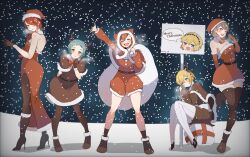 Rule 34 | 5girls, aegis (persona), animal costume, antlers, aqua hair, arm up, blonde hair, blue eyes, blush, boots, breath, brown capelet, brown footwear, brown gloves, brown hair, brown pantyhose, brown thighhighs, capelet, closed eyes, closed mouth, commentary request, dress, earrings, elbow gloves, english text, from side, full body, fur-trimmed boots, fur-trimmed dress, fur-trimmed headwear, fur trim, gift, gloves, hair over one eye, hand up, hat, high heels, highres, horns, jewelry, kirijou mitsuru, knee boots, knees together feet apart, leaning forward, legs, long hair, long sleeves, looking at viewer, medium hair, merry christmas, multiple girls, open mouth, outdoors, pantyhose, persona, persona 3, red dress, red eyes, red gloves, red hair, red shorts, reindeer antlers, reindeer costume, santa costume, santa hat, shiomi kotone, short dress, short hair, shorts, sidelocks, sign, sitting, sleeveless, snowing, standing, standing on one leg, stiletto heels, strapless, strapless dress, stud earrings, takeba yukari, teeth, thighhighs, thighs, twitter username, upper teeth only, yamagishi fuuka, yuyuy 00