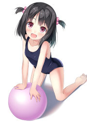 Rule 34 | 1girl, :d, arm support, bad id, bad pixiv id, ball, bare shoulders, barefoot, black hair, blush, breasts, exercise ball, feet, hair bobbles, hair ornament, head tilt, highres, kinta (distortion), kneeling, one-piece swimsuit, open mouth, original, pink eyes, short hair, simple background, small breasts, smile, solo, swimsuit, two side up, white background