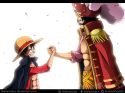 Rule 34 | 2boys, artist name, black cape, black hair, cape, commentary request, facial hair, gol d. roger, handshake, hat, hat feather, highres, letterboxed, looking at another, melonciutus, monkey d. luffy, multiple boys, mustache, one piece, pirate hat, scar, short hair, signature, smile, spanish commentary, straw hat, watermark, web address