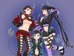 Rule 34 | 3girls, belt, belt bra, black hair, black jacket, black pants, black ribbon, black sports bra, blue belt, blue eyes, blue hair, blunt bangs, blush, breasts, chain, chest belt, cleavage, closed mouth, clothing cutout, commentary request, cropped jacket, cross-laced clothes, cross-laced pants, cross-laced sleeves, demon girl, demon horns, demon tail, ear chain, fang, feet out of frame, flat chest, foot out of frame, heart, horns, jacket, k waremono, kneehighs, kojo anna, kojo anna (1st costume), large breasts, leg ribbon, leg up, long hair, long sleeves, looking at another, medium breasts, midriff, multicolored hair, multiple girls, nanashi inc., navel, off shoulder, open clothes, open jacket, open mouth, pants, pointy ears, purple background, purple hair, purple legwear, red eyes, red hair, red sports bra, ribbon, ryugasaki rene, ryugasaki rene (1st costume), see-through, see-through cleavage, shishio chris, shoes, short hair, shoulder cutout, smile, sneakers, socks, sports bra, sugar lyric, tail, twintails, two-tone hair, underboob, very long hair, virtual youtuber, white footwear, yellow eyes