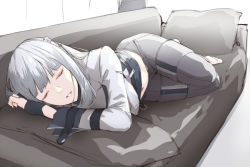 Rule 34 | 1girl, ak-12 (girls&#039; frontline), bang (gesture), barefoot, blunt bangs, braid, closed eyes, commentary request, couch, cushion, finger gun, french braid, girls&#039; frontline, gloves, grey shirt, kageshio (276006), long hair, lying, midriff, navel, on side, parted lips, partially fingerless gloves, shirt, sidelocks, silver hair, sleeping, solo, tactical clothes, toes