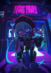 Rule 34 | 1girl, absurdres, all fours, blue eyes, blue skin, chromatic aberration, colored skin, crawling, earrings, electric fan, female focus, full body, hanabushi, hand fan, hat, heterochromia, highres, huge filesize, jacket, jewelry, long hair, long sleeves, looking at viewer, neon lights, open mouth, original, pink eyes, sharp teeth, solo, stitched face, stitches, teeth, tongue, tongue out, twintails, unzipped