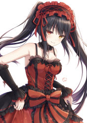 Rule 34 | 1girl, absurdres, bare shoulders, black hair, black hairband, black sleeves, bow, breasts, closed mouth, collarbone, date a live, detached sleeves, dress, frilled hairband, frills, hairband, heterochromia, highres, kiri celea, long hair, long sleeves, medium breasts, red bow, red dress, red eyes, red ribbon, ribbon, signature, simple background, sleeveless, sleeveless dress, sleeves past wrists, smile, solo, striped, striped bow, tokisaki kurumi, twintails, very long hair, white background, yellow eyes