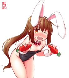 Rule 34 | 1girl, alternate costume, animal ears, artist logo, black leotard, blush, bow, bowtie, brown eyes, brown hair, cameltoe, carrot, collarbone, commentary request, dated, detached collar, downblouse, fake animal ears, flat chest, fumizuki (kancolle), highres, kanon (kurogane knights), kantai collection, leaning forward, leotard, long hair, looking at viewer, one eye closed, open mouth, playboy bunny, ponytail, rabbit ears, rabbit tail, red bow, red bowtie, simple background, solo, strapless, strapless leotard, tail, white background, wrist cuffs