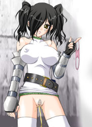 Rule 34 | 1girl, belt, black hair, blush, bracer, breasts, female focus, female pubic hair, lily (radiata stories), nipples, no panties, peeing, pubic hair, pussy, radiata stories, solo, standing, thighhighs, twintails, uncensored, yellow eyes