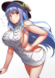 Rule 34 | 1girl, aran sweater, backless dress, backless outfit, blue hair, blush, breasts, cable knit, cowboy shot, dress, food, fruit, hat, hinanawi tenshi, large breasts, long hair, meme attire, naked sweater, neropaso, peach, red eyes, sideboob, simple background, solo, sweater, sweater dress, touhou, turtleneck, turtleneck sweater, virgin killer sweater, white background