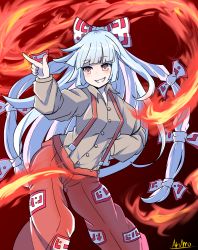 Rule 34 | 1girl, absurdres, artist request, baggy pants, beige shirt, bow, buttons, collared shirt, cowboy shot, fire, fujiwara no mokou, grin, hair bow, hair ribbon, hand up, highres, himajinorigin, hip focus, long hair, long sleeves, looking to the side, ofuda, ofuda on clothes, pants, pointing, red eyes, red pants, ribbon, shirt, shirt tucked in, silver hair, smile, solo, standing, suspenders, touhou, very long hair, wing collar