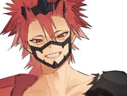 1boy boku_no_hero_academia collarbone commentary_request grin hair_between_eyes highres kirishima_eijirou korean_commentary love_kat0420 male_focus red_eyes red_hair sharp_teeth simple_background smile solo spiked_hair superhero_costume teeth torn_clothes upper_body white_background