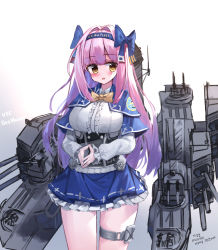 Rule 34 | 1girl, absurdres, bad id, bad pixiv id, blue bow, blue capelet, blue hairband, blue skirt, blush, bow, breasts, brown eyes, cannon, capelet, center frills, cowboy shot, frilled skirt, frills, gradient background, grey background, hair bow, hairband, head tilt, highres, korean text, large breasts, long hair, machinery, original, parted lips, personification, pink hair, pleated skirt, shirt, sketch, skirt, solo, standing, steepled fingers, tandohark, thigh strap, translation request, turret, underbust, uss des moines (ca-134), very long hair, white background, white shirt