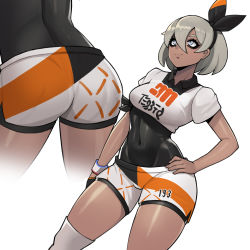 Rule 34 | 1girl, absurdres, ass, bea (pokemon), black bodysuit, black hairband, bodysuit, bodysuit under clothes, bow hairband, breasts, closed mouth, commentary, covered navel, creatures (company), dark-skinned female, dark skin, donburi (donburikazoku), game freak, gloves, grey eyes, grey hair, gym leader, hair between eyes, hairband, highres, nintendo, pokemon, pokemon swsh, short hair, short sleeves, shorts, simple background, single glove, solo, thick thighs, thighs, white background