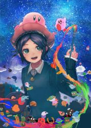 Rule 34 | 1girl, adeleine, artist request, beret, black hair, collarbone, collared shirt, green eyes, green shirt, hat, highres, holding, kirby, kirby (series), nintendo, paint, paintbrush, painting (action), shirt, short hair, sky, smile, smock, star (sky), starry sky, waddle dee