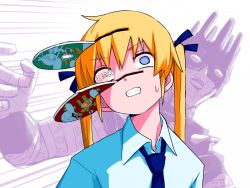 Rule 34 | 1girl, 1other, blonde hair, blue eyes, blue necktie, blue ribbon, blue shirt, cd, clenched teeth, collared shirt, commentary request, copyright name, crossover, empty eyes, hair ribbon, jojo no kimyou na bouken, kill me baby, long hair, necktie, ribbon, school uniform, shirt, sonya (kill me baby), stand (jojo), stone ocean, sweatdrop, teeth, twintails, upper body, white background, whitesnake (stand), yachima tana