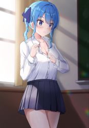 Rule 34 | 1girl, artist request, blue eyes, blue hair, blush, breasts, chalkboard, cleavage, collarbone, collared shirt, cowboy shot, dress shirt, hair ribbon, hololive, hoshimachi suisei, indoors, medium breasts, ribbon, shirt, skirt, solo, unbuttoned, undressing, virtual youtuber