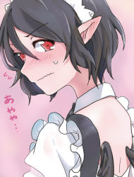 Rule 34 | 1girl, alternate costume, bad id, bad pixiv id, black hair, blush, detached collar, ear blush, frills, from behind, looking at viewer, looking back, maid, nape, pointy ears, red eyes, shameimaru aya, short hair, solo, sweatdrop, touhou, toujou (toujou ramen), upper body, wavy mouth, wings