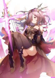 Rule 34 | 1girl, aki663, alternate breast size, bare shoulders, black thighhighs, blush, breasts, cape, detached sleeves, full body, granblue fantasy, hair ornament, hair over one eye, hair stick, hand on own breast, hand on own chest, harp, high heels, highres, holding, holding instrument, instrument, large breasts, lips, long hair, looking at viewer, niyon (granblue fantasy), parted lips, ponytail, purple eyes, purple hair, solo, thighhighs
