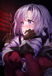 Rule 34 | 1girl, blush, breasts, brown gloves, claw ring, clenched teeth, crying, crying with eyes open, dress, drill hair, gloves, hair ribbon, highres, hyakumantenbara salome, in locker, juliet sleeves, large breasts, long hair, long sleeves, looking away, nijisanji, puffy sleeves, purple eyes, purple hair, red dress, resident evil, resident evil village, ribbon, saru (pixiv13751598), solo, tears, teeth, upper body, virtual youtuber
