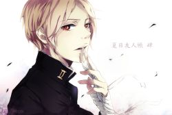 Rule 34 | 1boy, artist request, bad id, bad pixiv id, bandaged arm, bandages, blonde hair, collar, looking at viewer, male focus, mouth hold, natsume takashi, natsume yuujinchou, parted bangs, parted lips, red eyes, school uniform, short hair, solo, upper body, white background