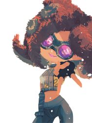 Rule 34 | 1girl, animal print, armor, big hair, black gloves, breastplate, closed mouth, cowboy shot, fingerless gloves, ganguro, gloves, goggles, highres, koike3582, leopard print, light particles, medium hair, nintendo, no lineart, octoling, outstretched arm, pink-tinted eyewear, pink lips, red hair, simple background, smile, solo, splatoon (series), suction cups, takozonesu, tentacle hair, tinted eyewear, v, white background