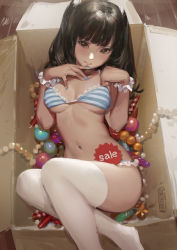 Rule 34 | 1girl, bad id, bad pixiv id, bikini, black eyes, black hair, blue nails, blush, box, bra, breasts, christmas ornaments, hjl, in box, in container, long hair, looking at viewer, lying, nail polish, navel, on back, original, panties, sketch, solo, striped bikini, striped clothes, swimsuit, thighhighs, underwear, white thighhighs, wrist cuffs