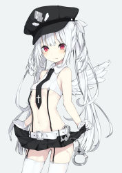 Rule 34 | 1girl, :p, belt, belt buckle, black hat, black necktie, borrowed character, breasts, buckle, collared shirt, commentary request, contrapposto, cowboy shot, crop top, cross, cuffs, feathered wings, garter straps, gloves, hair ribbon, handcuffs, hat, highres, long hair, looking at viewer, midriff, miniskirt, navel, necktie, original, paryi, peaked cap, pink eyes, pleated skirt, ribbon, shirt, simple background, single wing, skirt, skirt hold, sleeveless, sleeveless shirt, small breasts, smile, solo, standing, thighhighs, tongue, tongue out, twintails, very long hair, white belt, white gloves, white hair, white thighhighs, white wings, wing collar, wings