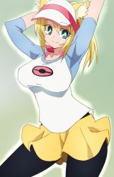 Rule 34 | 1girl, animal ears, black pantyhose, blonde hair, breasts, character request, closed mouth, cosplay, creatures (company), game freak, green eyes, highres, large breasts, long hair, looking at viewer, nintendo, oimanji, pantyhose, pokemon, pokemon bw2, rosa (pokemon), rosa (pokemon) (cosplay), simple background, smile, solo, visor cap