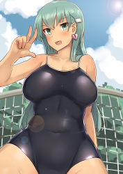 Rule 34 | 1girl, absurdres, aqua eyes, aqua hair, bad id, bad pixiv id, blue one-piece swimsuit, blush, breasts, cleavage, cloud, collarbone, competition school swimsuit, covered navel, day, earrings, hair ornament, hairclip, heart lock (kantai collection), highres, jewelry, kantai collection, large breasts, leaning back, lens flare, long hair, looking at viewer, lying, one-piece swimsuit, open mouth, osananajimi neko, outdoors, revision, school swimsuit, sky, solo, suzuya (kancolle), swimsuit, thighs, tree, underboob, v, wet