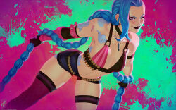Rule 34 | 1girl, arm tattoo, arrow (symbol), bare shoulders, bent over, black lips, black shorts, braid, breasts, bullet, cloud tattoo, collarbone, feet out of frame, fingerless gloves, gloves, glowing, glowing eye, green background, green hair, highres, holding, holding own hair, jinx (league of legends), league of legends, multicolored background, navel, one eye closed, pink background, pink thighhighs, rain, red eyes, shorts, shoulder tattoo, single thighhigh, small breasts, smile, stomach, tattoo, themaestronoob, thighhighs, twin braids, twintails