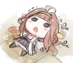 Rule 34 | 10s, 1girl, ahoge, bad id, bad twitter id, brown hair, chibi, detached sleeves, double bun, drooling, gradient background, hair bun, hairband, kantai collection, kongou (kancolle), kongou kai ni (kancolle), long hair, long sleeves, lowres, lying, minono aki, on back, open mouth, skirt, solid circle eyes, solo, triangle mouth
