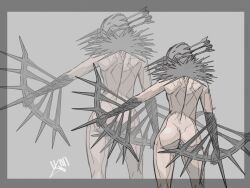 Rule 34 | 1girl, arrow (projectile), back, chainsaw man, crossbow devil (chainsaw man), grey background, grey theme, highres, muted color, nude, quanxi (chainsaw man), simple background, solo, spikes, tumubar117, zoom layer