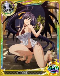 Rule 34 | 10s, 1girl, antenna hair, barefoot, bikini, black hair, card (medium), character name, chess piece, demon wings, feet, hair ribbon, high school dxd, himejima akeno, long hair, official art, playing with own hair, ponytail, queen (chess), ribbon, see-through, shirt, solo, swimsuit, toes, torn clothes, trading card, very long hair, wet, wet clothes, wet shirt, wings