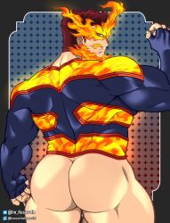 Rule 34 | 1boy, absurdres, arts of hasarath, ass, bara, biceps, blue eyes, boku no hero academia, endeavor (boku no hero academia), fiery beard, fiery hair, fire, formal, highres, huge ass, looking at viewer, looking back, male focus, manly, mature male, muscular, muscular male, patterned background, red hair, short hair, simple background, solo, spandex, spiked hair, suit, thick arms, twitter username