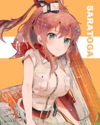 Rule 34 | 10s, 1girl, anchor, bad id, bad twitter id, belt, breast pocket, breasts, brown hair, character name, close-up, dress, flight deck, green eyes, hair between eyes, impossible clothes, itomugi-kun, kantai collection, large breasts, long hair, looking at viewer, neckerchief, pocket, ponytail, red neckerchief, saratoga (kancolle), side ponytail, sidelocks, solo, white dress