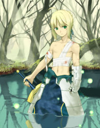 Rule 34 | 00s, 1boy, armor, artoria pendragon (fate), bandages, blonde hair, blood, fate/stay night, fate (series), gender request, genderswap, green eyes, injury, male focus, nature, outdoors, saber (fate), solo, sword, wading, water, weapon