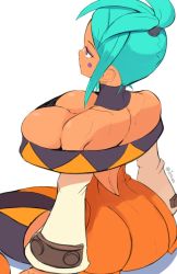 Rule 34 | 1girl, breasts, cerebella (skullgirls), cleavage, dark-skinned female, dark skin, detached collar, downblouse, from above, from behind, green nails, highres, jellcaps, large breasts, nail polish, no headwear, no headwear, ponytail, purple eyes, sitting, skirt, skullgirls, solo, wide hips