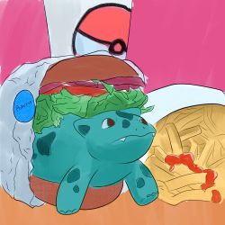 Rule 34 | animal focus, burger, colored skin, creatures (company), cup, disposable cup, drawfag, fangs, food, french fries, game freak, gen 1 pokemon, green skin, ivysaur, ketchup, nintendo, no humans, oversized food, oversized object, poke ball theme, pokemon, pokemon (creature), red eyes, solo