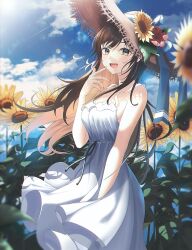 Rule 34 | 1girl, absurdres, bare shoulders, blue sky, blurry, brown eyes, brown hair, cloud, commentary request, depth of field, dress, feet out of frame, flower, hand up, hansul, hat, hat flower, highres, long hair, looking at viewer, open mouth, original, outdoors, sky, sleeveless, sleeveless dress, smile, solo, standing, straw hat, sun, sun hat, sundress, sunflower, white dress