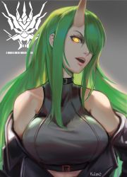 Rule 34 | 1girl, arknights, bare shoulders, black jacket, breasts, commentary, crop top, english commentary, green hair, grey background, hair over one eye, head tilt, highres, horns, hoshiguma (arknights), jacket, large breasts, off shoulder, open mouth, shirt, sidelocks, single horn, skin-covered horns, sleeveless, sleeveless shirt, upper body, x-kulon, yellow eyes