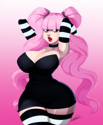 Rule 34 | 1girl, alternate costume, bare shoulders, black dress, black eyes, blunt bangs, breasts, cleavage cutout, clothing cutout, curvy, dress, female focus, gloves, highres, large breasts, lipstick, long hair, looking at viewer, makeup, one piece, perona, pink hair, shaded face, solo, teasing, thick lips, thick thighs, thighhighs, thighs