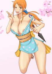 Rule 34 | 1girl, areola slip, breasts, brown eyes, cleavage, covered erect nipples, female focus, highres, huge breasts, japanese clothes, kimono, large breasts, long hair, looking at viewer, lying, momo 765, nami (one piece), no panties, on side, one piece, open mouth, orange hair, see-through, short kimono, smile, solo, tattoo, underwear