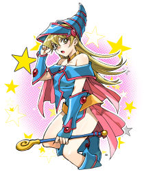 Rule 34 | 1girl, 203wolves, bare shoulders, blonde hair, blush, boots, breasts, cape, capelet, commentary request, cosplay, dark magician girl, dark magician girl (cosplay), gloves, hat, highres, holding, knee boots, long hair, looking at viewer, medium breasts, open mouth, pentagram, pink cape, signature, simple background, star (symbol), starry background, tenjouin asuka, wand, witch hat, yellow eyes, yu-gi-oh!, yu-gi-oh! gx