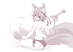 Rule 34 | 1girl, :p, ahoge, animal ears, ass, back, commentary, english commentary, food, fox ears, from behind, greyscale, hair ribbon, huge weapon, long tail, looking at viewer, looking back, momo (sub-res), monochrome, original, panties, ribbon, scar, sharp teeth, short hair, shoulder blades, side-tie panties, sitting, smile, solo, sub-res, sword, tail, teeth, tongue, tongue out, topless, underwear, underwear only, weapon