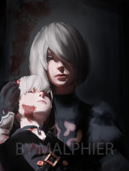 Rule 34 | 1boy, 1girl, absurdres, artist name, black theme, closed mouth, commentary, crying, crying with eyes open, english commentary, gloves, grey hair, highres, injury, lips, looking at viewer, malphier, nier:automata, nier (series), puffy sleeves, realistic, shadow, tears, watermark, 2b (nier:automata), 9s (nier:automata)