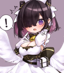 Rule 34 | !, 1girl, ^^^, adjusting hair, azur lane, bell, belt pouch, black hair, blush, breasts, cleavage, cleavage cutout, clothing cutout, colored inner hair, cone hair bun, cowbell, double bun, dress, elbow gloves, feathered wings, gloves, hair bun, hair over one eye, hair ribbon, hands up, hat, highres, jervis (azur lane), koma mksm, large breasts, looking at viewer, multicolored hair, neck bell, nurse cap, open mouth, oppai loli, pointing, pointing at self, pouch, purple eyes, purple hair, ribbon, short hair, simple background, solo, surprised, twitter username, upper body, white dress, white gloves, white ribbon, white wings, wings