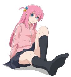Rule 34 | 1girl, black skirt, black socks, blue eyes, bocchi the rock!, commentary request, cube hair ornament, expressionless, full body, gotoh hitori, hair between eyes, hair ornament, highres, hirondo, jacket, knee up, long hair, no shoes, one side up, pink hair, pink jacket, pink track suit, sidelocks, simple background, sitting, skirt, socks, solo, track jacket, white background