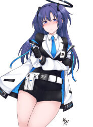 Rule 34 | 1girl, belt, belt pouch, black gloves, blue archive, blue necktie, blush, breasts, closed mouth, collared shirt, cowboy shot, crossed arms, formal, gloves, half gloves, halo, highres, id card, jacket, long sleeves, looking at viewer, medium breasts, miniskirt, necktie, off shoulder, open clothes, open jacket, parted bangs, pleated skirt, pouch, purple eyes, purple hair, shirt, sidelocks, simple background, skirt, solo, standing, suit, thighs, two-sided fabric, two-sided jacket, two side up, vellark, white background, white belt, white shirt, yuuka (blue archive)