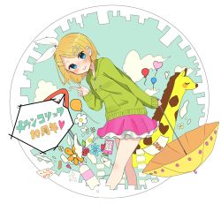 Rule 34 | 1girl, anniversary, azukagamine1, balloon, blonde hair, blue eyes, bottle, bow, calendar (object), cityscape, drawstring, envelope, feet out of frame, flower, giraffe, green hoodie, hair bow, hair ornament, hairclip, heart, heart balloon, highres, holding, holding umbrella, hood, hoodie, index finger raised, kagamine rin, leaning forward, looking at viewer, melancholic (vocaloid), melancholy (module), miniskirt, pink skirt, road sign, short hair, sign, skirt, sky, smile, solo, stop sign, swept bangs, translated, umbrella, vocaloid, white bow, yellow umbrella