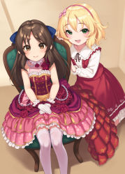 Rule 34 | 2girls, :d, bare shoulders, blonde hair, blue bow, blush, bow, brown eyes, brown hair, chair, child, closed mouth, dress, feet out of frame, flat chest, floral print, flower, frilled dress, frilled shirt collar, frilled skirt, frills, gem, gloves, green eyes, hair bow, hairband, hands on lap, idolmaster, idolmaster cinderella girls, layered dress, long hair, long skirt, long sleeves, looking at viewer, multiple girls, open mouth, parted bangs, pearl (gemstone), pink bow, pink hairband, pink legwear, pokachu, print dress, raised eyebrows, red dress, red flower, red rose, red skirt, red vest, rose, rose print, sakurai momoka, shirt, sitting, skirt, sleeveless, sleeveless dress, smile, standing, tachibana arisu, tareme, thighhighs, vest, white gloves, white shirt